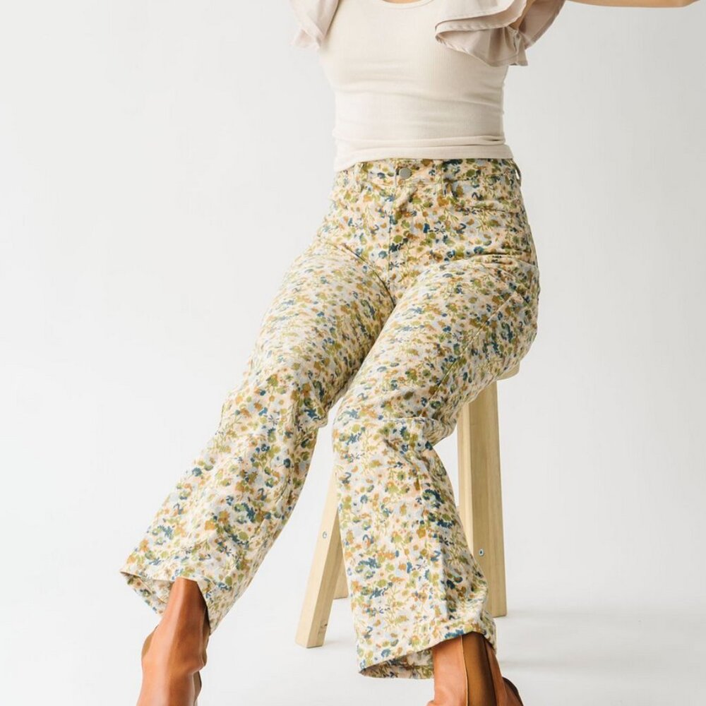 Floral Boot Cut Pants in Cream